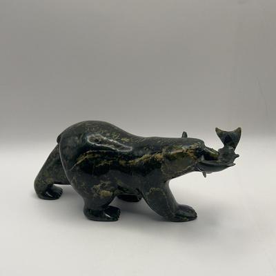 Inuit Eskimo Green Serpentine Stone Sculpture Bear And Fish