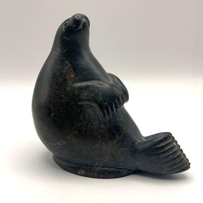 Inuit Eskimo Soapstone Sea Lion Carving signed