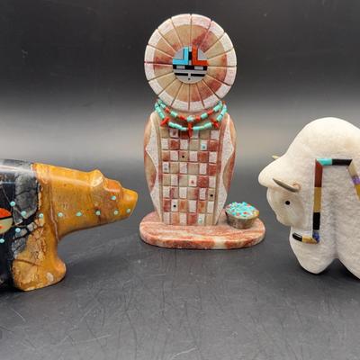 Hand-carved Zuni Carved Fetish (Bear, Alabaster White Buffalo, Zuni Sun God) Signed By Artists