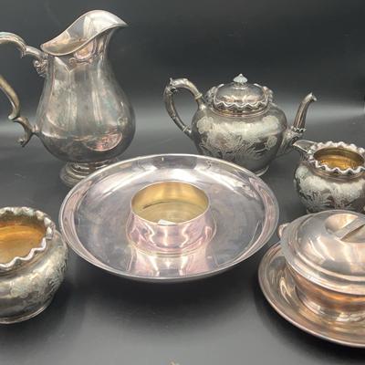 Silver Plated Pitcher Chip Dip Set Cream Sugar Bowl Teapot
