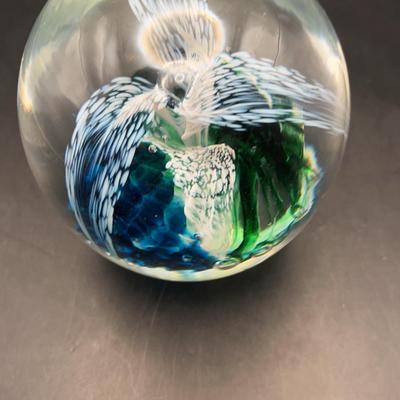 Jerpoint Studios Art Blue, Green, Swirl White Flower Glass Paperweight from Ireland 