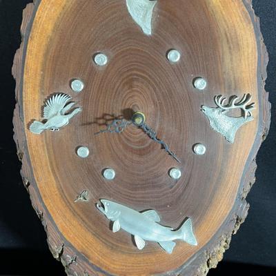Rustic Wall Clock On Natural Wood Slab featuring Wildlife Motifs with Metal Accents