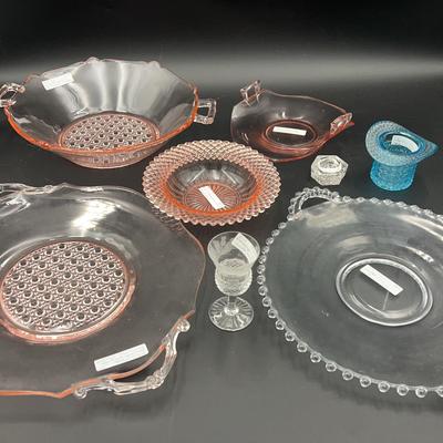 Vintage Pink Heisey Glass, Candlewick Platter, Clear Cordial And Salt Cellar