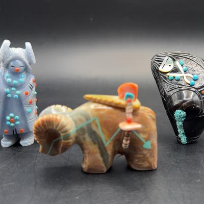 Hand Carved Zuni Fetish Corn Maidens And Ram Signed By Artist