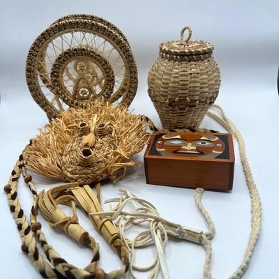Iroquois Corn Husk Mask, Wood Enlayed Box And Woven Basket And Napkin Holder