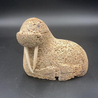 Inuit Fossilized Bone Walrus Carving With Ivory Walrus Tusks