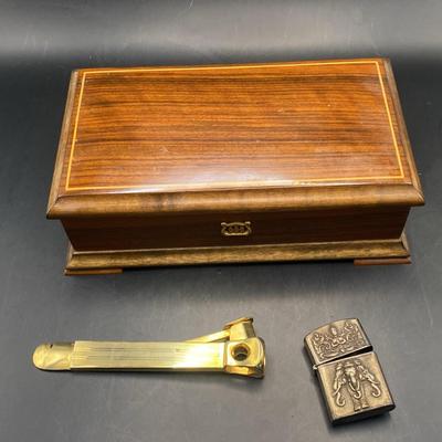 Music Box,Gold Tone Stainless Steel Domatus Cigar Cutter. Sterling Cigarette Lighter Cover