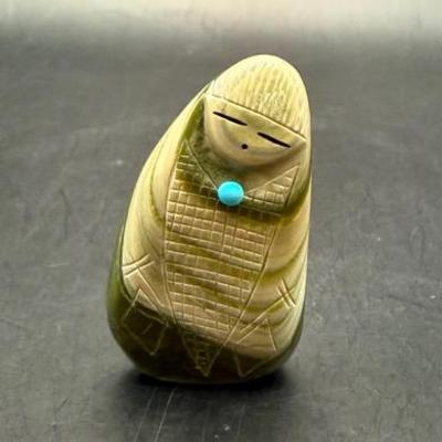 Zuni Maiden Serpentine With Turquoise Inset Signed by Artist, Daniel Chattin