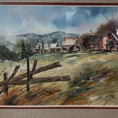 Farm Scene Watercolor Print In Wood Frame With Glass Overlay 