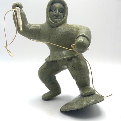 Green Stone Eskimo Inuit Sculpture With Spear