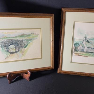 Two Framed Watercolor Prints  Church And Bridge Scene