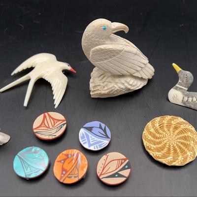 Native American Miniature Art, Eagle Fetish And Bird Pins