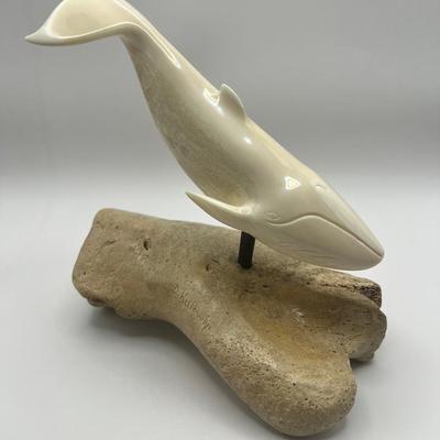 RARE Inuit Walrus Ivory Whale Carving On Petrified Whalebone By D Kulowiyi