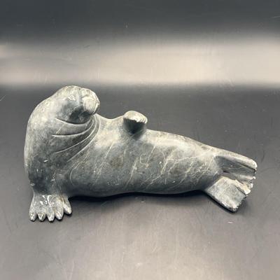 Inuit Soapstone Sculpture Reclining Seal signed Daniel