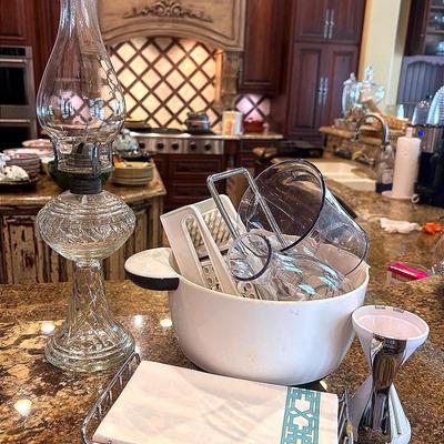 Clear Glass Oil Lamp and Kitchen Appliances 