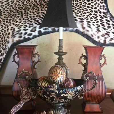 Metal Vases, Table Lamp, & Centerpiece Bowl