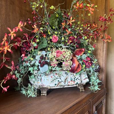 "Oriental Accent" Porcelain Vase with Floral Arrangement 