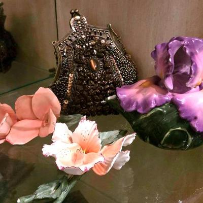 Porcelain Flower Figurines, "CBK" Teapot, and Clutch Bag