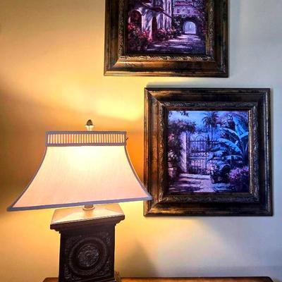 Textured Framed Art Pieces & Table Lamp