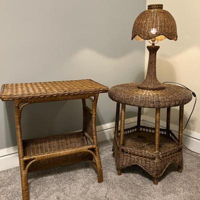 Wicker Side Table with Magazine Rack, Round Side Table, and Matching Wicker Lamp