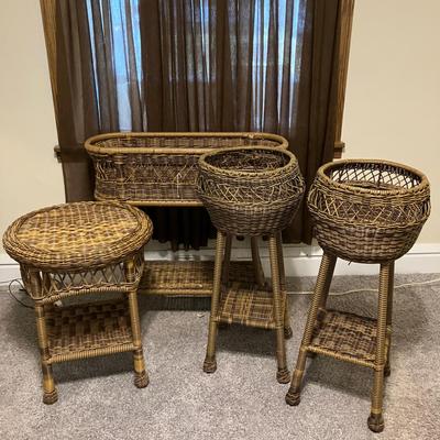 Wicker Plant Stands and Matching Side Table