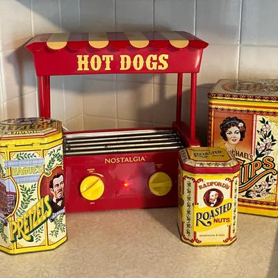 Vintage Advertising Tin Set and Nostalgia Hot Dog Roller