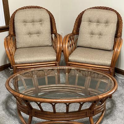 Rattan Coffee Table and Braxton Culler Everglade Rattan Armchairs