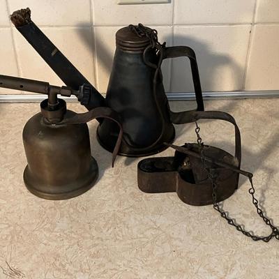 Antique Betty Lamp, Miners Oil Lamp, and Blow Torch