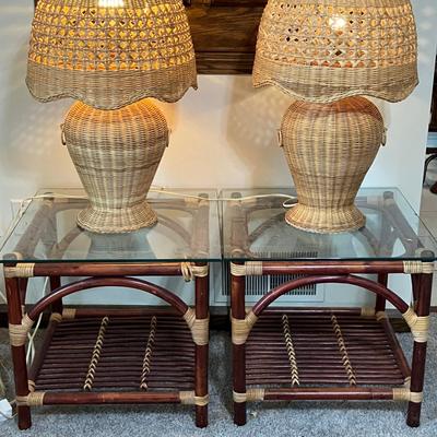 Rattan Glass Top End Tables and Table Lamps