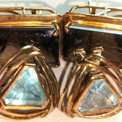 14k Gold Smokey Topaz And Blue Topaz Vintage Earrings 17.49g