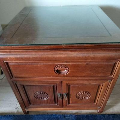 Chinese 1950s Wooden 2 Door Glass Top End Table / Nightstand #1