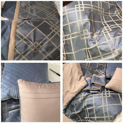 Queen Comforter Reversible Set Blue/Grey And Taupe Sateen Comforter + 2 Shams And 2 Throw Pillows