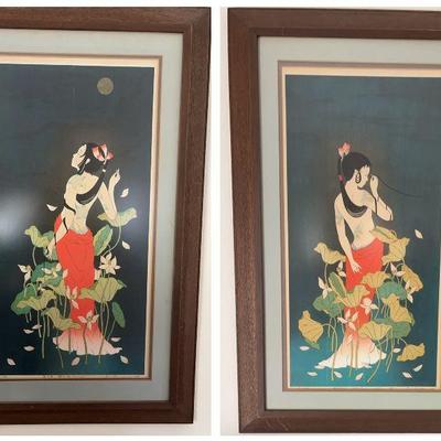 "White Fox - Moonlight No. 1" and No. 2 Woodblock Prints Signed By Okamoto Ryusei