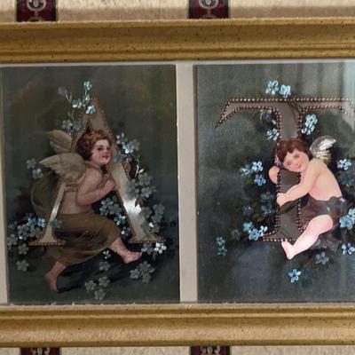 Vintage Foil Art "BATH" Print w/Cherubs Victorian Style Gold Tone Framed