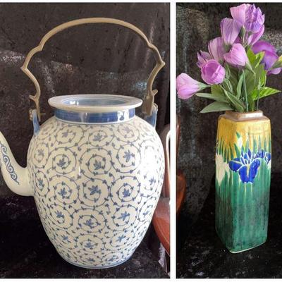 Thai Gigantic Decor Vintage Tea Pot And Asian Hand-Painted Faux Flower Vase