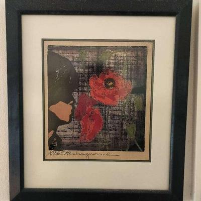 Tadashi Nakayama Japanese signed Woodblock Print Art Child with Poppies 1956