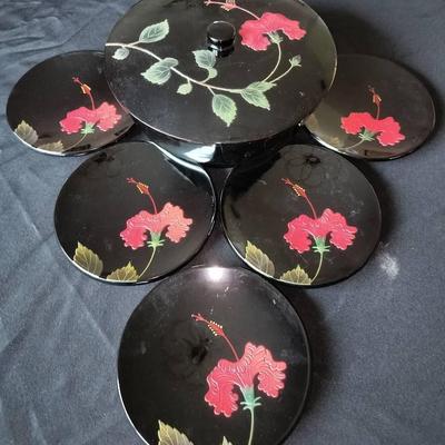 Japanese Benbo Lacquerware Hibiscus Flower Plates And Dish