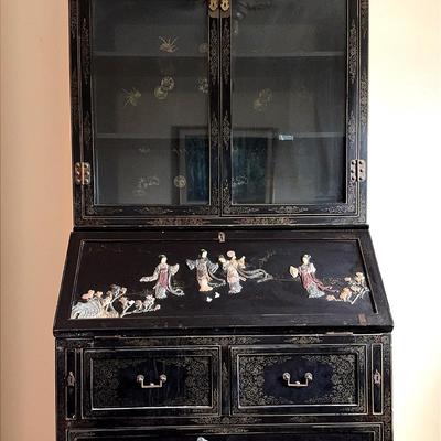 Stunning Embellished Black Lacquered Drop Front Secretary Desk With Bookcase Hutch
