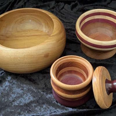3 Piece Hand Carved Wood Bowls And Lidded Jar.  Signed