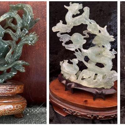 3 Chinese Jade Carvings With Wooden Bases