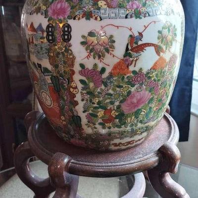 Chinese Mid Century 14" Hand Painted Ginger Jar With Wooden Stand