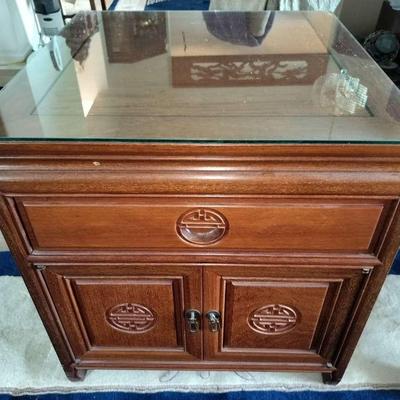 Chinese 1950s Wooden 2 Door Glass Top End Table / Nightstand #2