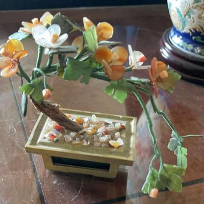 Cloisonné Bonsai Antique Floral Tree With Stone And Glass