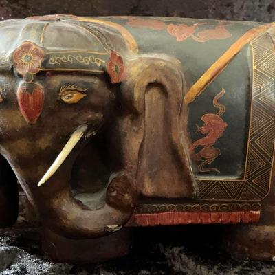 Ornately Hand-Carved Wooden Chinese Elephant Figure