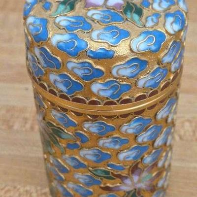 Cloisonné Canister Round Floral Clouds 4” Tea Box Cigarette Tobacco Jar Caddy