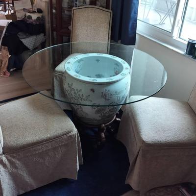 Chinese Fish Bowl Vintage Handcrafted Glass Top Table With 3 Upholstered Chairs