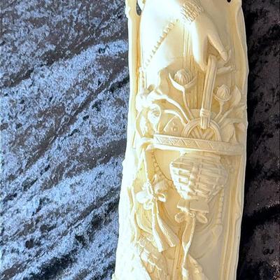 27” Large Faux Ivory East Asian Woman Statuette, With Peacock Decor