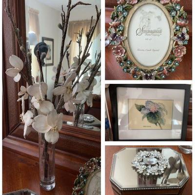 Jeweled Black Velvet Mirrored Box, Czech Crystal Picture Frame By Sherbirne, & Faux Pussywillow Vase