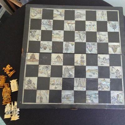 Chinese Chess set (Xiangqi) Hand Carved W/ Mother Of Pearl Board