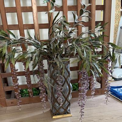 Faux Crystal Grape Plant In Gold Tone Bubbled Glass Weave Pattern Vase